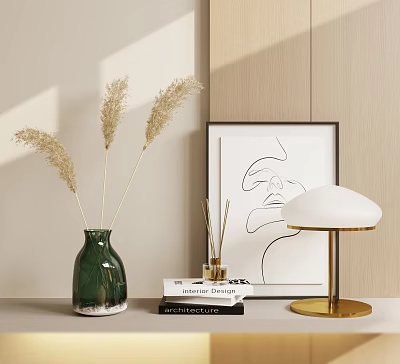 Decorative Ornament Combination With Green Vase Pampas Grass Books Diffuser Abstract Art And Gold Lamp 3d model