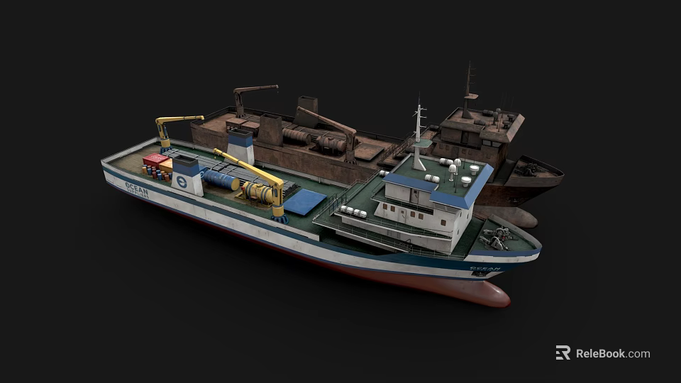 Blue White Marine Ship With Deck Equipment and Cabin Structure Design 3d model