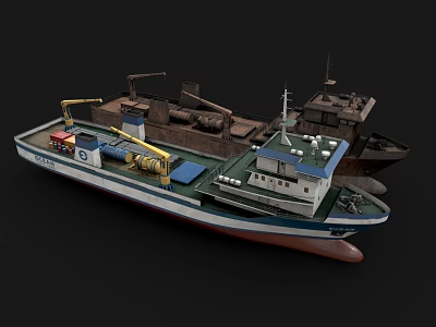 Blue White Marine Ship With Deck Equipment and Cabin Structure Design 3d model