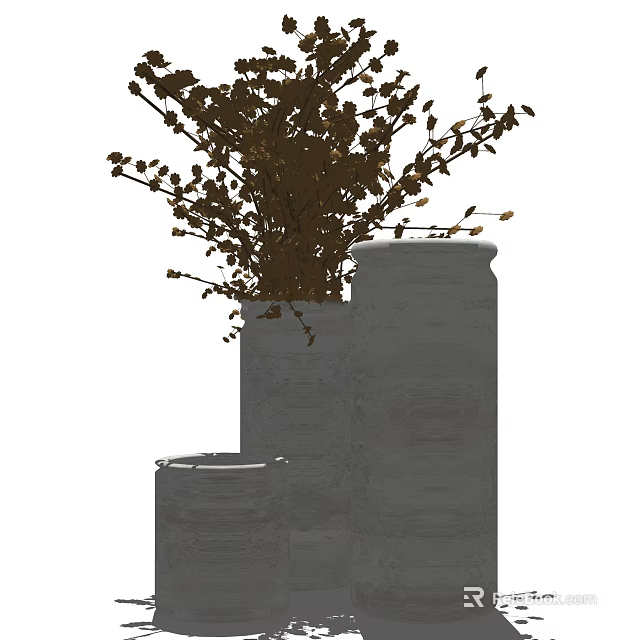 Two Gray Vases With Brown Plants For Modern Interior Decoration 3d model
