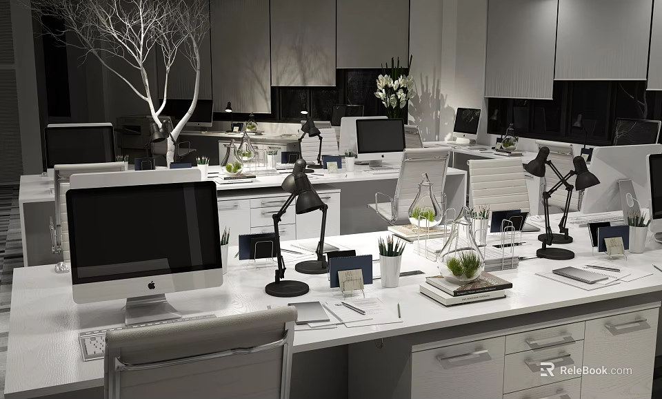 Modern Public Office Space With Workstations Computers Desk Lamps Green Plants And Office Supplies 3d model 