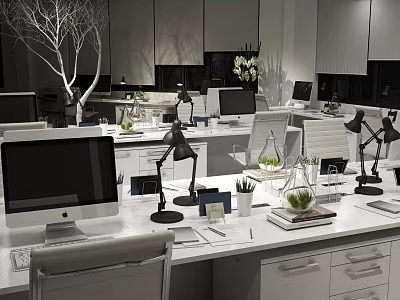 Modern Public Office Space With Workstations Computers Desk Lamps Green Plants And Office Supplies 3d model