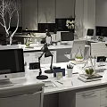 Modern Public Office Space With Workstations Computers Desk Lamps Green Plants And Office Supplies