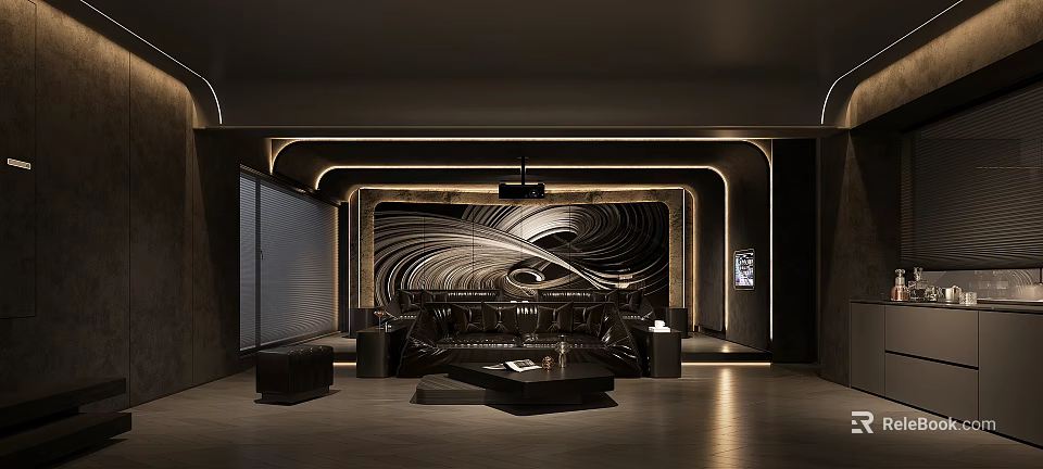 Modern Dark Toned Home Theater Interior With Leather Sofas And Artistic Wall 3d model 