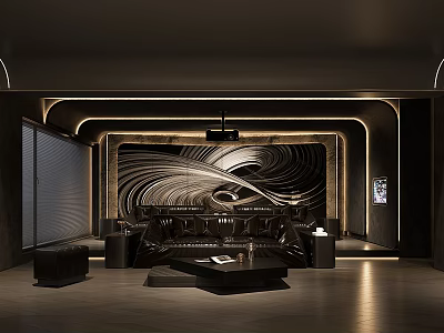 Modern Dark Toned Home Theater Interior With Leather Sofas And Artistic Wall 3d model