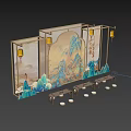 Traditional Chinese Interactive Area With Landscape Screen And Hanging Lanterns 3d model