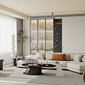 Modern Dining and Living Room Interior With Table Chairs Sofa And Decorative Wall Art
