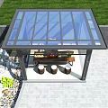 Villa Balcony Outdoor Leisure Space With Glass Roof Rockery Green Plants And Wooden Table Stools