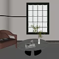 Contemporary Living Room With Brown Armchair Round Coffee Table And Green Framed Grid Mirror