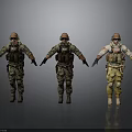 Three Tactical Military Figures In Different Uniforms With Protective Goggles And Vests