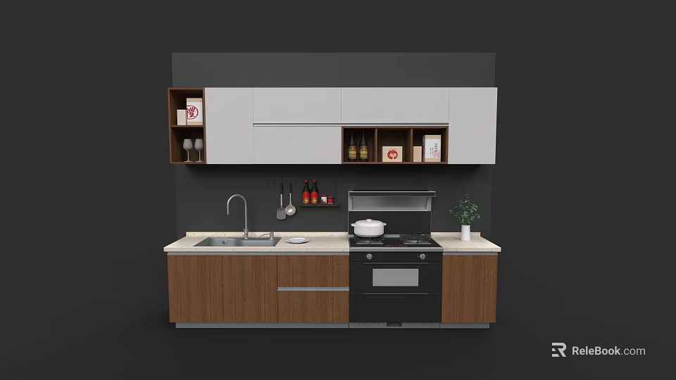 Modern Kitchen With Essential Appliances Cooktop Oven Sink And Wooden Cabinets 3d model 
