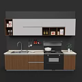 Modern Kitchen With Essential Appliances Cooktop Oven Sink And Wooden Cabinets