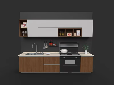 Modern Kitchen With Essential Appliances Cooktop Oven Sink And Wooden Cabinets 3d model