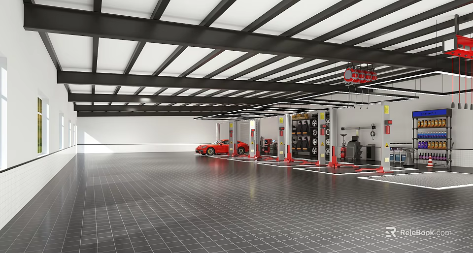 Bright Spacious Modern 4S Store Auto Maintenance Workshop With Complete Professional Vehicle Service Equipment 3d model 
