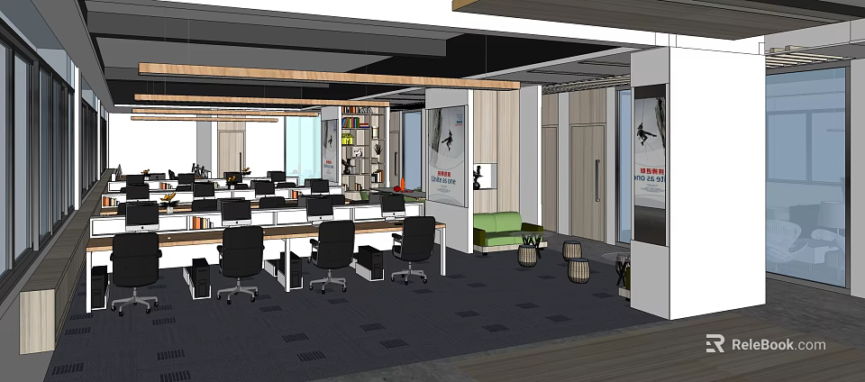 Modern Public Office Space With Open Layout Office Desks Chairs And Bookshelves 3d model 