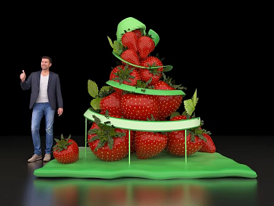 Man Displaying Fresh Strawberry Stacked Tower With Green Base On Black Background 3d model