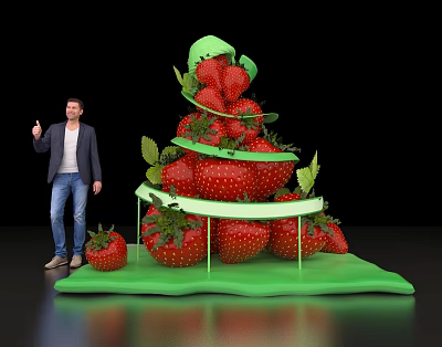 Man Displaying Fresh Strawberry Stacked Tower With Green Base On Black Background 3d model