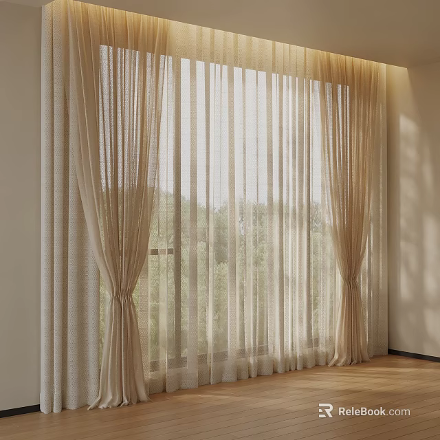 Beige Sheer Curtains With Elegant Drapes Filtering Sunlight For Garden View Room 3d model 
