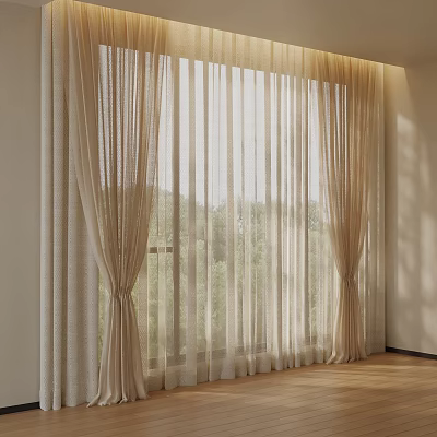 Beige Sheer Curtains With Elegant Drapes Filtering Sunlight For Garden View Room 3d model