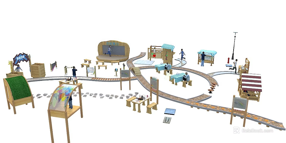 Kindergarten Outdoor Play Area With Wooden Structures Train Tracks And Interactive Activity Zones 3d model 