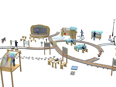Kindergarten Outdoor Play Area With Wooden Structures Train Tracks And Interactive Activity Zones 3d model