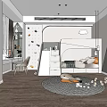 Kids Room Interior Design With Slide Bunk Bed Desk Chair Toys And Dot Wall Decor