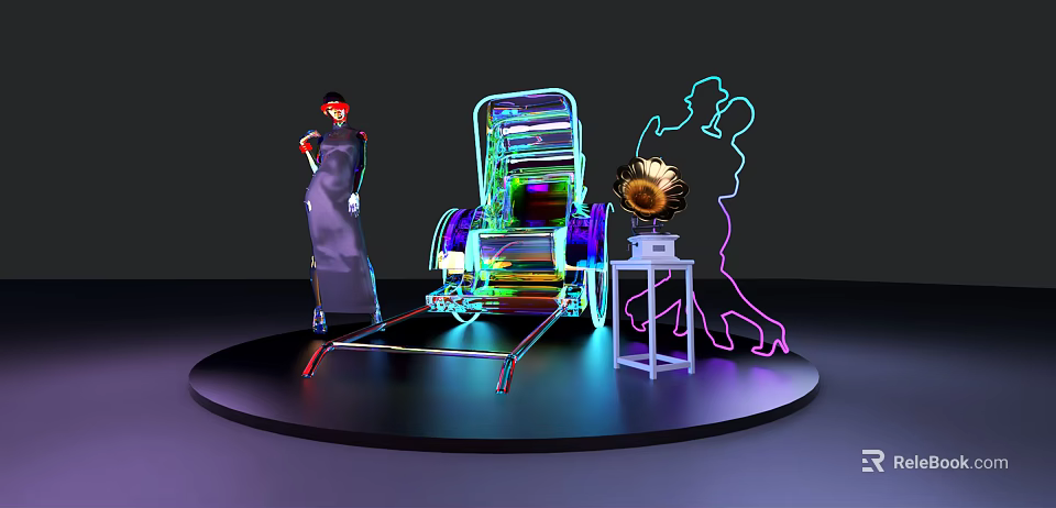Neon Lit Vintage Car Mannequin Gramophone And Silhouette On Display Platform 3d model 