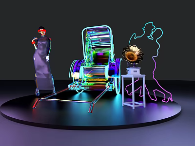 Neon Lit Vintage Car Mannequin Gramophone And Silhouette On Display Platform 3d model