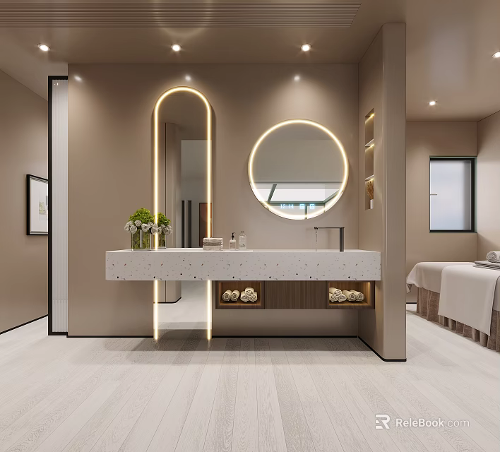 Modern Bathroom Interior Design With Round Mirror Stone Vanity And Lighting 3d model