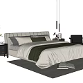 Modern Double Bed with White Brown Sheets Nightstand Chair and Open Books on Rug