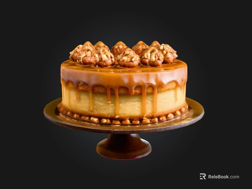 Tempting Caramel Cake Topped With Pecans And Caramel Drizzle On Cake Stand 3d model 