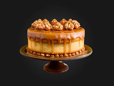 Tempting Caramel Cake Topped With Pecans And Caramel Drizzle On Cake Stand 3d model