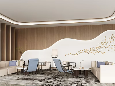 Elegant Hotel Public Lounge Area With Sofas Wooden Walls And Decorative Coffee Tables 3d model