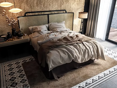 Cozy Double Bed With Woven Headboard Bedding Nightstand Table Lamp And Rug 3d model