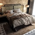 Cozy Double Bed With Woven Headboard Bedding Nightstand Table Lamp And Rug