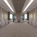 Elegant Banquet Hall Interior With White Sofas Wooden Ceiling Large Windows And Patterned Carpet 3d model
