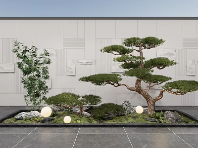 Modern Landscape Feature Wall With White Panels Decorative Lines Shaped Pine And Round Lights 3d model