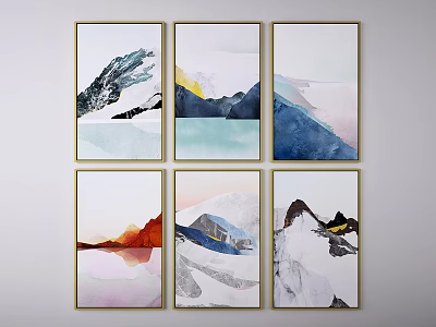 Colorful Mountain Water Landscape Paintings with Diverse Hues and Golden Frames 3d model