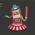 Anthropomorphic Red Vending Machine Character With Popcorn Top Holding Gun On Striped Base
