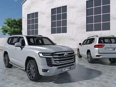 Two White Toyota SUVs Parked in Front of Building With Large Windows 3d model