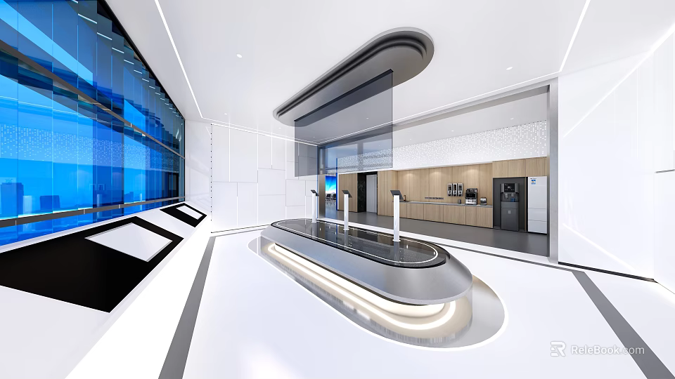 Modern Exhibition Hall Interior Design With Curved Counter Glass Walls And Lighting 3d model 