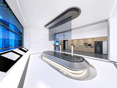 Modern Exhibition Hall Interior Design With Curved Counter Glass Walls And Lighting 3d model