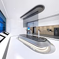 Modern Exhibition Hall Interior Design With Curved Counter Glass Walls And Lighting