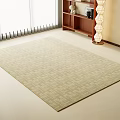 Square Rug With Beige Geometric Pattern In Room With Window Bookshelf And Floor Lamp