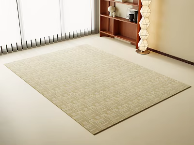 Square Rug With Beige Geometric Pattern In Room With Window Bookshelf And Floor Lamp 3d model
