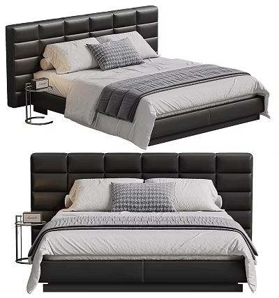 Modern Double Bed Design With Upholstered Black Headboard White Sheets And Gray Throw 3d model