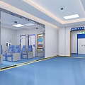 Medical Waiting Room With Blue Seats IV Stands Display Screen White Walls And Blue Floor