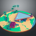 Miniature Globe Shaped Scene With Palm Trees Red Roof House Gas Station And Car