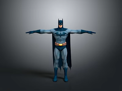 Batman Character in Blue Gray Costume With Yellow Belt Cape and Mask Standing Arms Outstretched 3d model