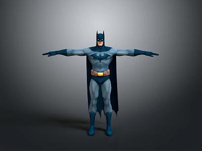 Batman Character in Blue Gray Costume With Yellow Belt Cape and Mask Standing Arms Outstretched 3d model